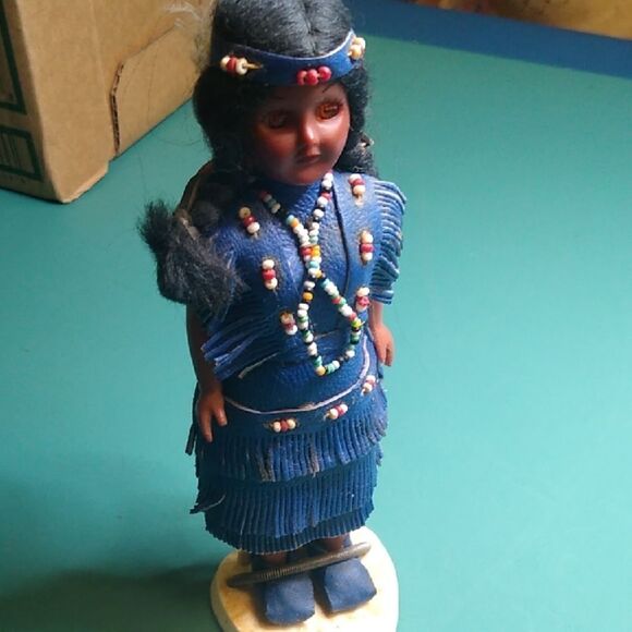 Vintage 1960 Carson Native American Blue Plush Doll with Sporty Fringe Accents - Picture 1 of 5
